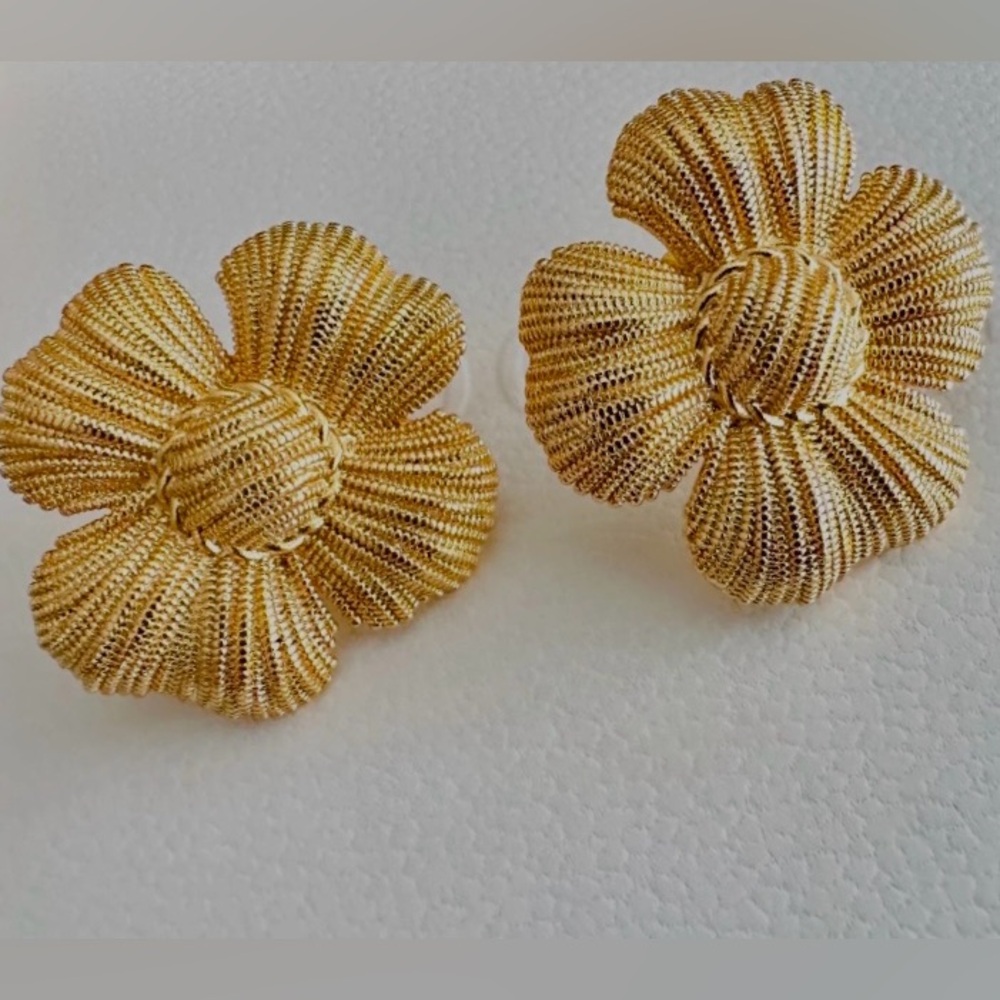 CELINE Paris Couture Flower Earrings Vintage French Luxury 18K Yellow GP